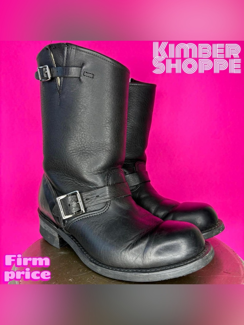 Frye Engineer Black Leather Shearling Lined Mid Calf Moto Boot US 9 UK 7